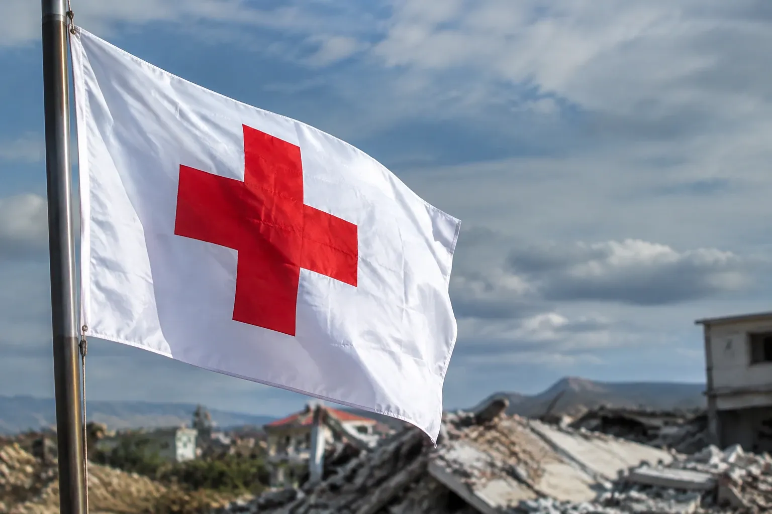 Bandiera bianca con croce rossa sventolante su asta davanti a macerie e cielo nuvoloso