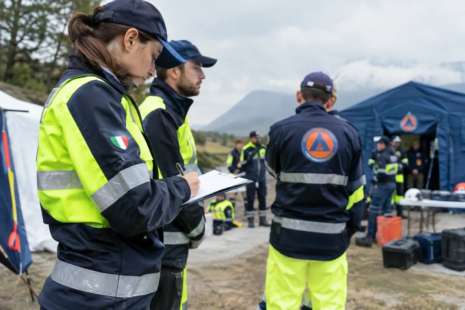Volontari protezione civile in giacca alta visibilità durante briefing campo operativo