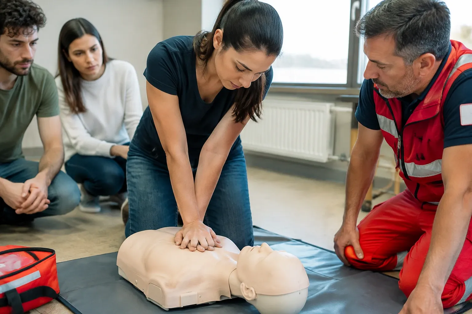 Donna esegue compressioni toraciche su manichino mentre istruttore osserva attentamente
