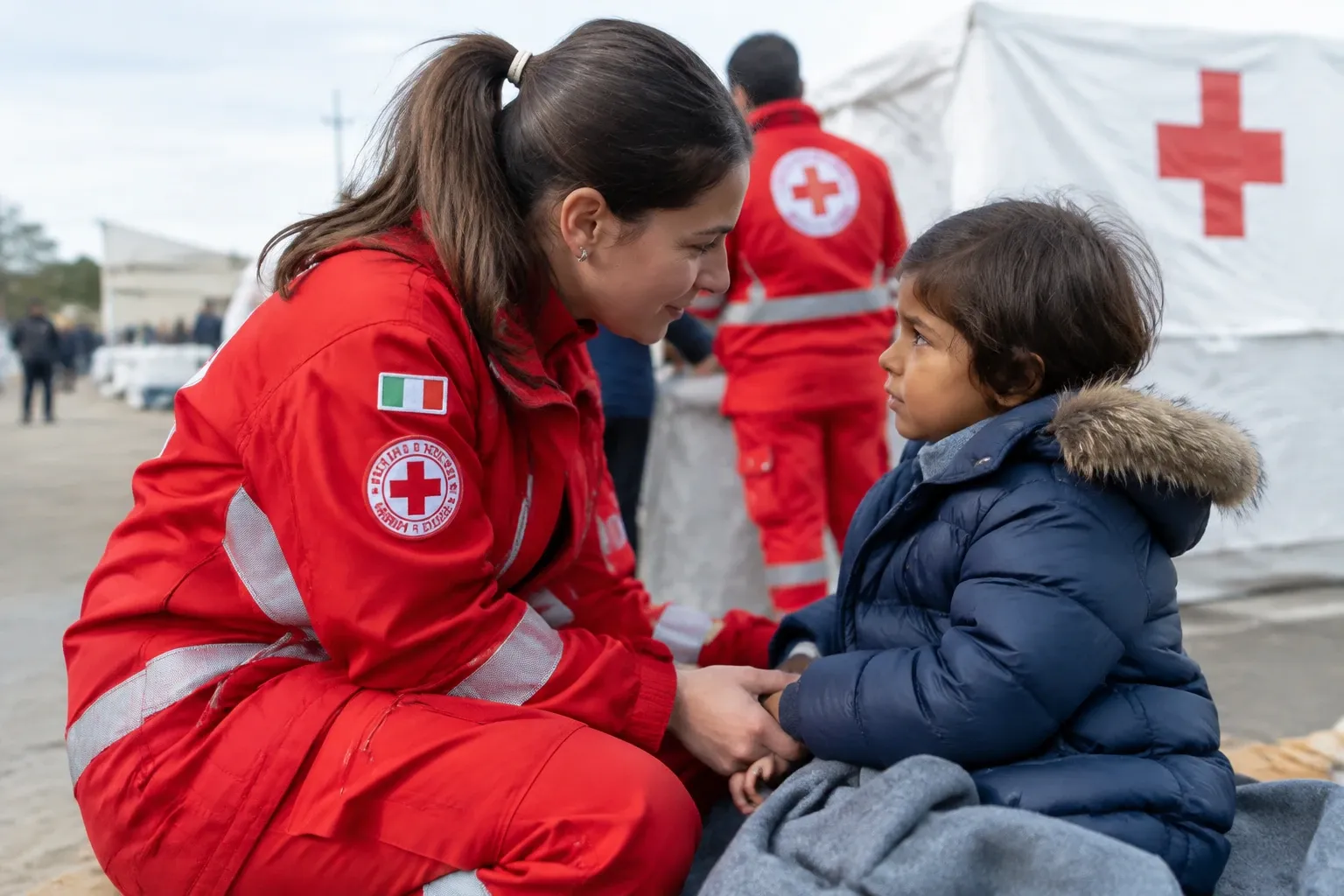 Volontaria della Croce Rossa italiana parla e tiene le mani di un bambino seduto davanti a una tenda