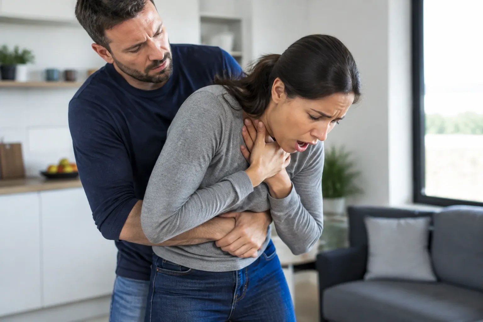 Uomo esegue la manovra di Heimlich su donna sofferente in soggiorno luminoso