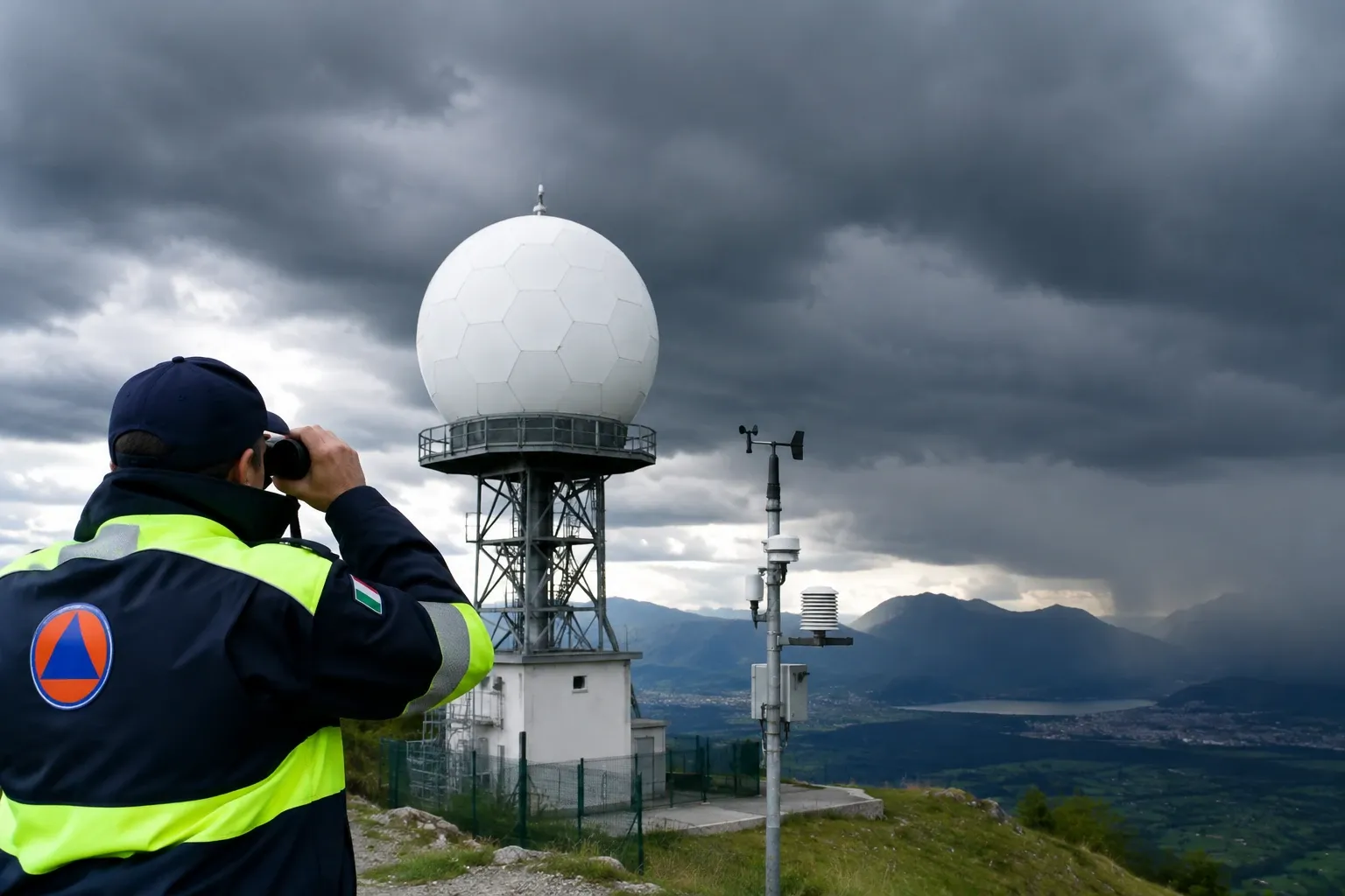 Operatore della protezione civile osserva con binocolo radar meteorologico su collina tempestosa