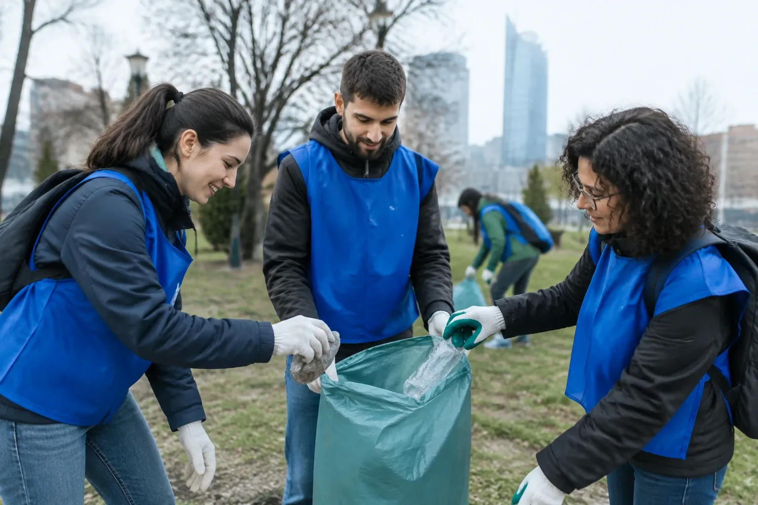 Volontari che raccolgono rifiuti plastici in un parco urbano di Milano indossando pettorine blu