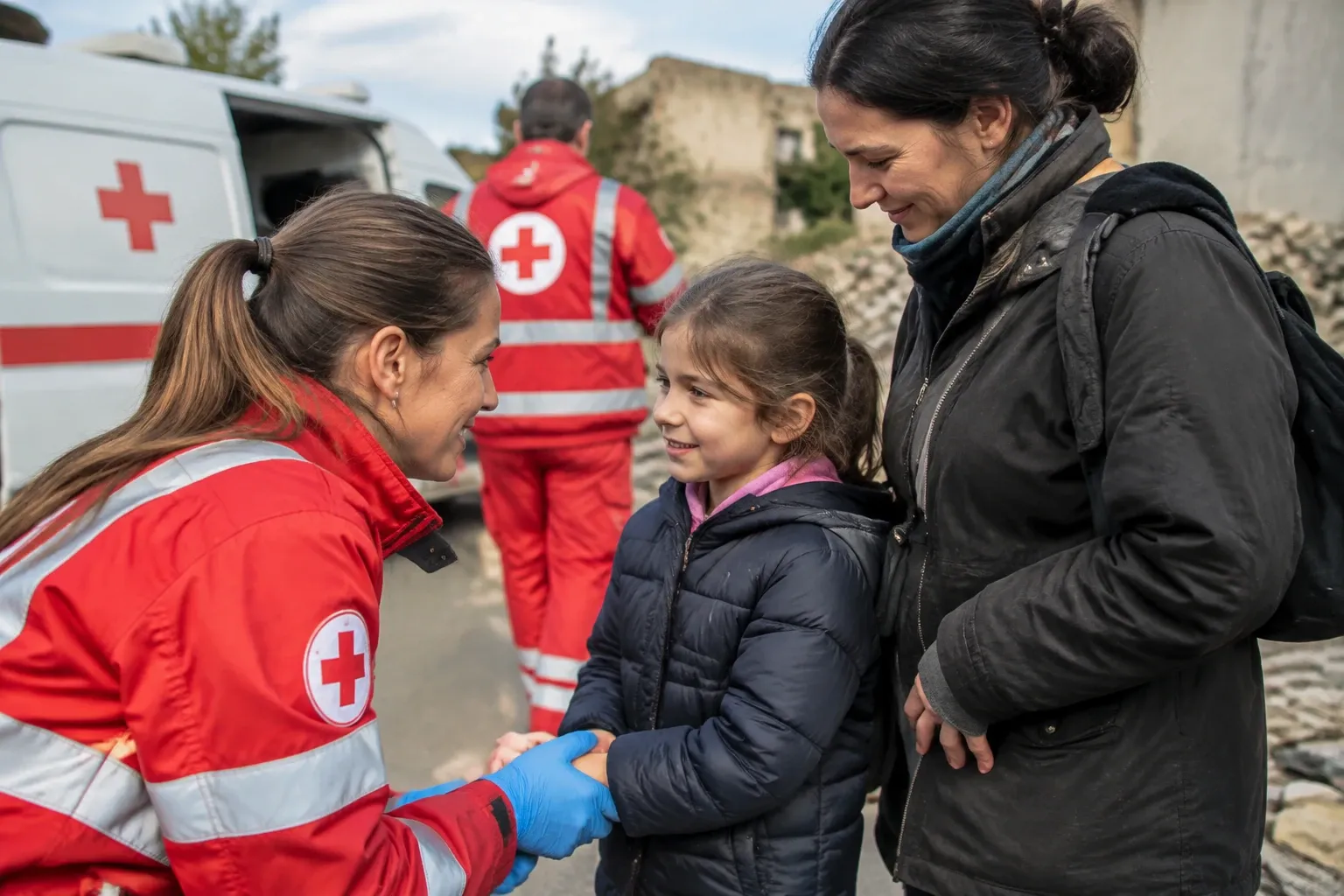 Volontaria Croce Rossa sorride tenendo la mano a bambina con madre vicino ambulanza