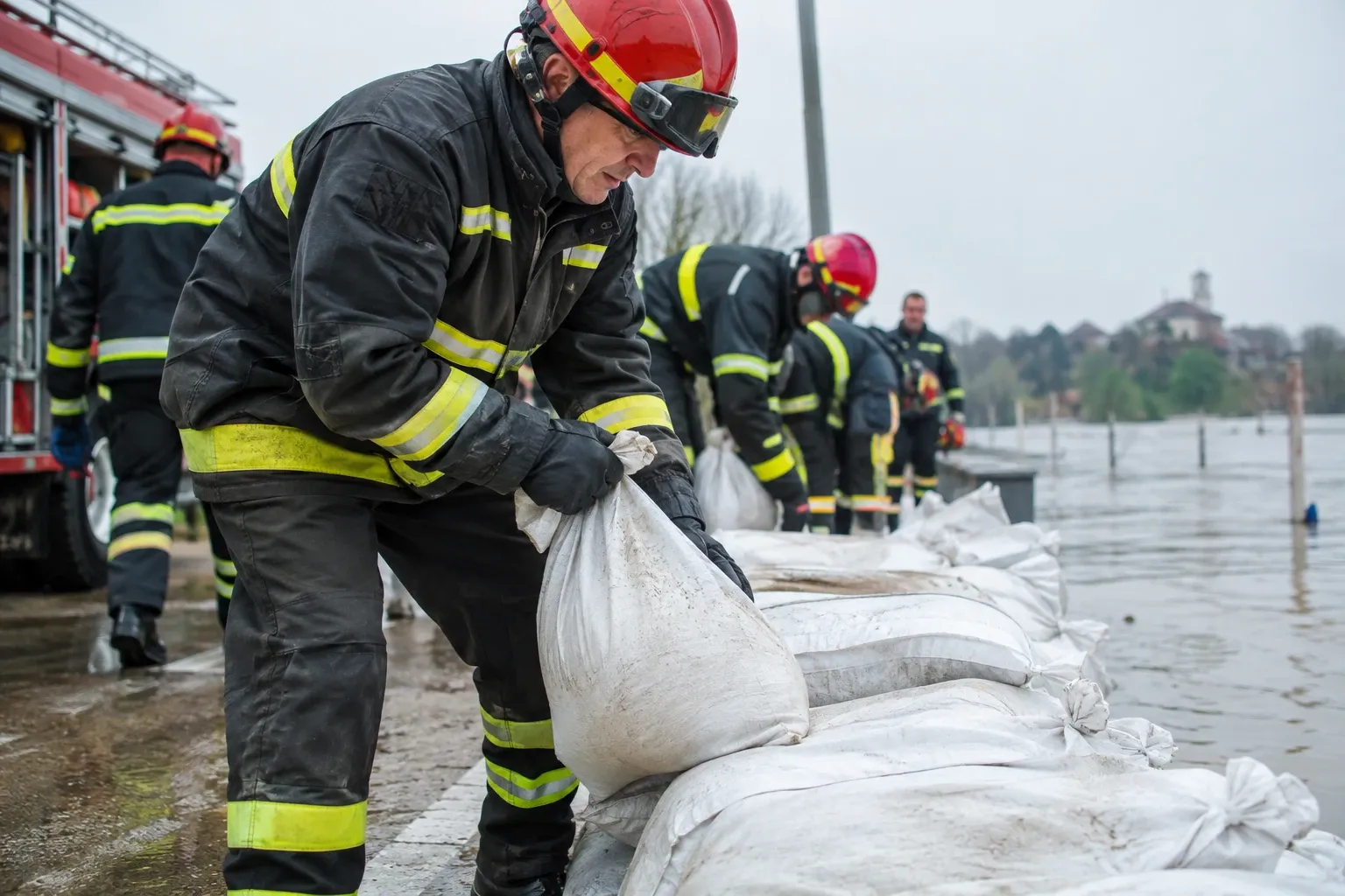 Vigili del fuoco volontari con elmetti rossi posizionano sacchi di sabbia sul lungofiume inondato